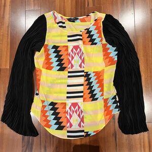 Vertigo Yellow Blouse‎ Top Long Sleeve Geometric Pattern Pleated Sleeve Sz Large